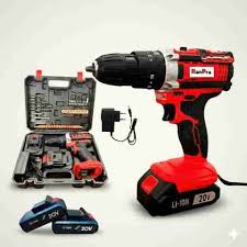 Radha 21V MAX cordless impact drill kit with sockets bits batteries charger safety gloves in hard case